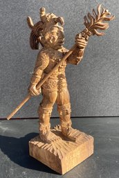 Vintage Carved Wood Sculpture Of An Aztec Holy Man With Staff