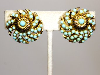 Signed Trifari Gold Tone Faux Turquoise Stone Earrings Clips