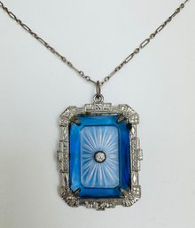 GORGEOUS ART DECO BLUE AND WHITE CAMPHOR GLASS PENDANT ON STERLING SILVER CHAIN