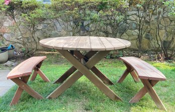 Wooden Picnic Table And Two Bench