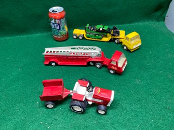 Vintage TONKA Trucks Including Hook And Ladder Fire Engine, Full Bucket Loader With Trailer, Tractor W Trailer