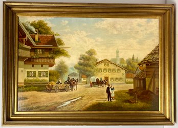 Vtg Large Oil On Canvas Painting - W Davis - European Town Scene - 31 X 43 - Shops People Horse & Cart Wagon
