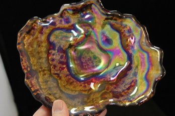 Antique Unusual Form Carnival Rainbow Glass Oyster Dish