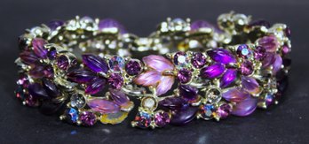 Vintage Signed Gold Tone Purple Pink Glass And Rhinestone Bracelet