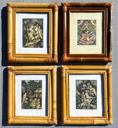 A Series Of 4 Erotic Engravings, Apparently Indo-Asian, In Bamboo Frames