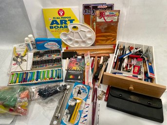 Art Supplies Including Oil Pastels, Gold Leaf Foil & Drawing Instruments