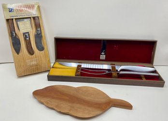 New In Box Gerber Legendary Blades Carving Set, Sabatier Laguiole Cheese Knife Set & Small Teak Wood Tray