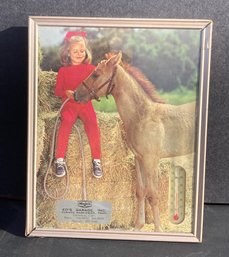 Charming Vintage MOBIL Advertising Thermometer With Child On A Hay Bale And Horse