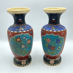 Pair Signed Antique Japanese Totai Cloisonn On Porcelain Vases