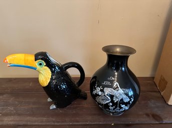 QQ Toucan Pitcher From Japan And Black Brass Vase With Mother Of Pearl Storks