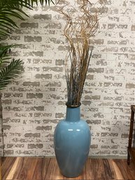 Large Blue Floor Vase By Jenkins Ceramics W/ Spiral Rattan Arrangement