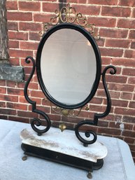 Incredible Antique French Mirror Stand - Cast Iron / Marble With Drawer And Paw Feet - VERY Heavy Piece - RARE