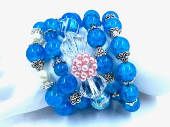 Grouping Of Electric Blue Glass Bead Stretch Bracelets