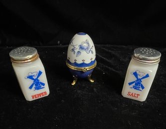 US Milk Glass Salt Pepper Shaker Set - Blue Windmills And Blue & Gold Porcelain Footed Trinket Box