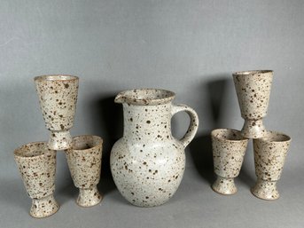 Signed Speckled Pottery Pitcher With Cups