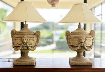 A Pair Of Cast Stone Urn Form Lamps - Unique And Heavy!