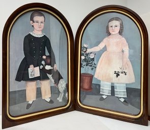 Pair Framed Vintage Folk Art Prints - Samuel Miller - Young Boy With Dog & Young Girl With Flowers - 21 X 31