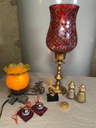 Cast Iron Accent Lamp With Cherub, Brass Candelstick, Unicorn, Pill Box, Salt & Pepper Shaker, Chime Balls