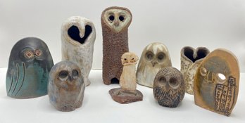 Vintage 1970s Ceramic Owl Collection, Mostly Signed Grant Taylor