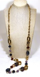 Fine Contemporary Gold Tone Glass Stone Necklace 42' Long