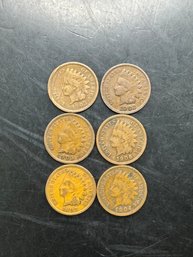 6 Indian Head Pennies 1902, 1903, 1904, 1905, 1906, 1907