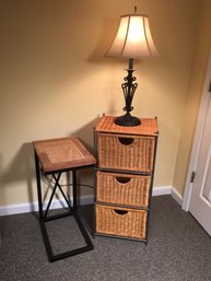 Lovely Group Of Accent Items / Furniture  Lot - Nice Wicker Drawers - Bedside / Chair Side Stand - Nice Lamp