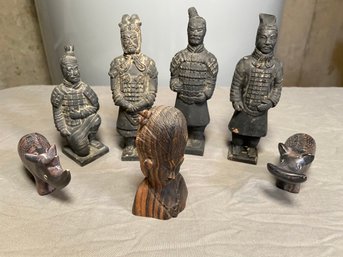 4 Chinese Warrior Soldiers, Great Rift Valley Carved Soapstone Rhino And Hippo, Carved Wood Asian Woman Bust