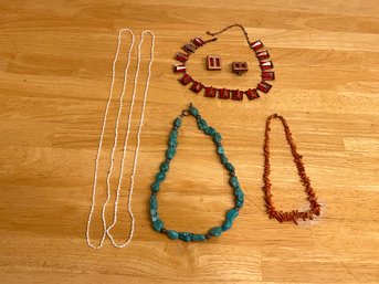 Turquoise, Coral, Freshwater Pearl, And Matisse Copper Necklaces