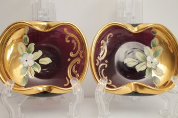 Vintage Pair Of 1940's Hand Blown & Gilt Painted Ruby Ring Trinket Dishes Probably MURANO