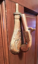 Vintage Cast Brass Gun Powder Flask & Flintlock Pistol Doorknocker