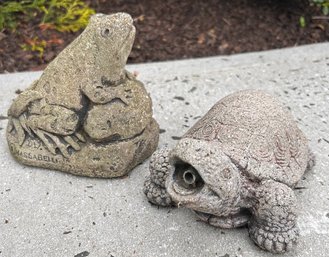 Pair Of Concrete Garden Statues Of A Frog And Turtle