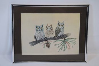 Signed And Framed Three Owl Print By Karl E. Karalus