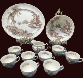 Eleven Pieces Johnson Bros. England The Old Mill-13' Platter, 8' Bowl, Creamer And Eight Tea Cups