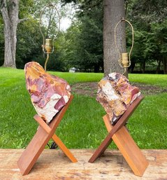 A Pair Of Unusual Mid Century Modern Natural Onyx Lamps On Mahogany Bases