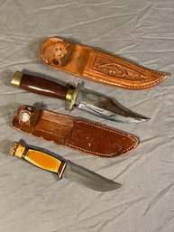 Ka-Bar Knife 6.5' Carved Antler Handle And Unmarked Bowie Knife 8.5' Wood And Brass Handle With Leather Sheath