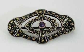 VINTAGE ART DECO STERLING SILVER MARCASITE AND AMETHYST BROOCH