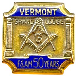 Vermont Grand Lodge , Masonic 50 Years 10k Gold Pin.