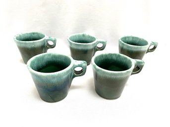 Set Of 5 Vintage Blue Glaze Oven Proof Coffee Mugs Attributed To Hull Pottery