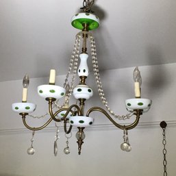 Lovely Vintage Chandelier Bohemian / Cut To Clear Chandelier With Glass Balls - Very Pretty Green & White
