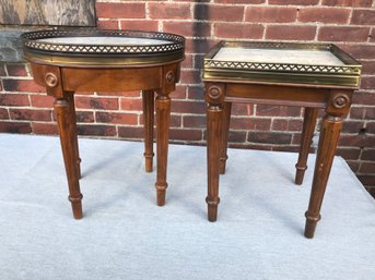Two Lovely Vintage French Style Side Stands / Wine Tables - Marble Tops - Fluted Legs - Pierced Brass Border