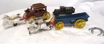 Vintage Cast Iron Horse Drawn Stagecoach & Horse Drawn Wagon And Truck