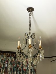 Very Nice Vintage Wrought Iron Chandelier With Gold Gilt Details And Beautiful Crystals - Very Pretty Fixture