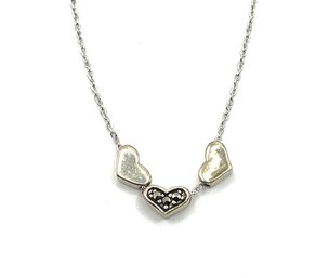Vintage Italian Sterling Silver Chain With Three Hearts Marcasite Pendants