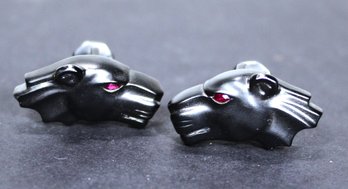 Signed CAMERON Panther Head Oxidized Sterling Silver Cufflinks Gemstone Eyes