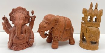 3 Vintage Indian Elephants: 2 Terracotta & 1 Carved Wood