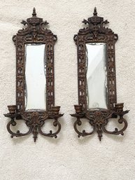Pair Of Antique Art Deco Bronze Framed Beveled Mirror Sconces, Original Mirrors