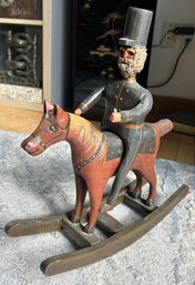 Fantastic Vintage Signed FOLK ART ROCKING HORSE SCULPTURE- Old Soldier With White Beard