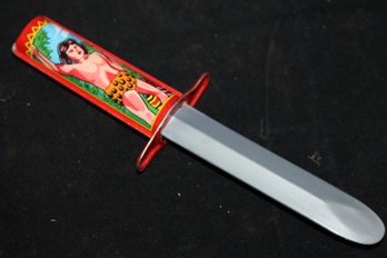 Old Made In Japan Tin Tarzan Spring Loaded Retractable Toy Jungle Knife - Great Litho Graphics