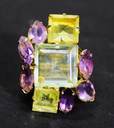 Vintage Large Glass Retro Multi Colored Designer Ring In Gold Tone