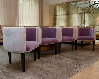 Kelly Behun Half Round Two-Tone Grey Plum Suede Tailored Barrel Club Chairs With Tapered Legs